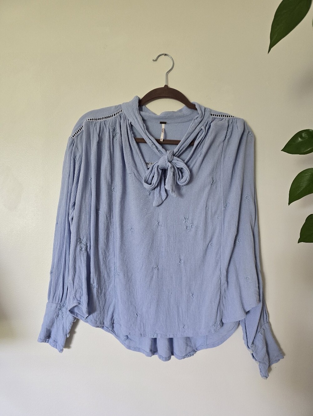 Free People XS Light Blue Long Sleeve Top tie neck blouse